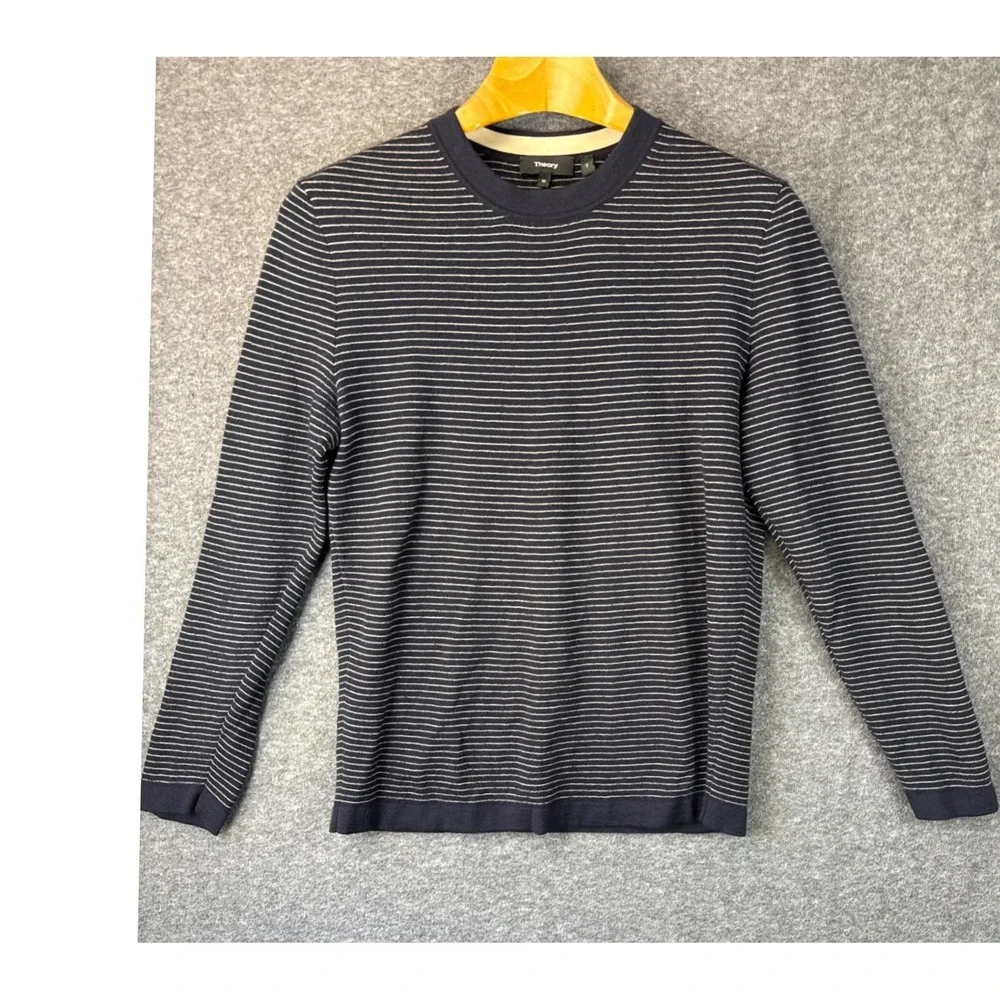 Theory Ollis Striped Crewneck Sweater Men Size M Navy White Merino Knit Pullover